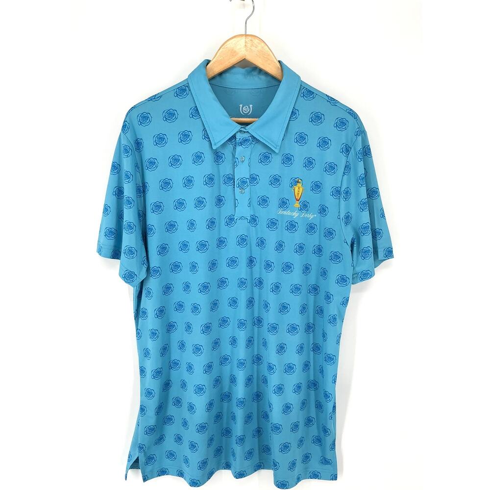 Kentucky Derby Polo Shirt Mens XL Blue Rose Print Trophy Golf Performance